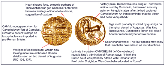 Cunobelin Biga gold stater (ABC 2771 var.), c.AD 8-20. Much of its imagery shows a Roman influence. Auctioned by Chris Rudd, 18 March 2013, for £15,100.
