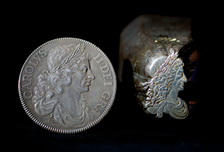 In the 1660s, Thomas Simon, formerly Chief Engraver to Oliver Cromwell, was so determined to engrave Charles II's currency that he sent the king one of these beautiful coins to demonstrate his skills. Yet, despite his efforts, Charles gave the job to Dutchman John Roettiers. Sadly, just three years later, Simon fell victim to the plague and died. On the right: Charles' image was painstakingly engraved onto this 'portrait punch'. It was used as the master tool so that identical dies could be made quickly for use in the new screw presses. © Historic Royal Palaces.