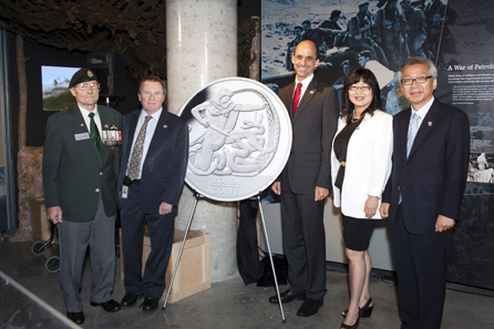 From left to right: Bill Black, President of the Korea Veterans Association, Royal Canadian Mint President and CEO Ian E. Bennett, the Honourable Steven Blaney, Minister of Veterans Affairs, Senator Yonah Martin, and the Republic of Korea's Ambassador to Canada, Cho Hee-yong unveiled the new collector coin at the Canadian War Museum in Ottawa, Ontario.
