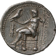 Ptolemy I, Satrap of Egypt (323-318 BC). Tetradrachm, Alexandria, around 320 BC. Head of Alexander the Great with royal band and Ammon's horn, elephant hood upon the head, and under the chin, the knotted aegis. Rev. Zeus enthroned, facing left, eagle upon the outstretched right hand. © MoneyMuseum, Zurich.