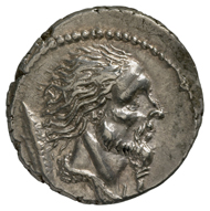 Roman Republic. Denarius, minted under the watch of mint master L. Hostilius Saserna, 48 BC. Head of a Gaul facing right, and behind it, a Gallic shield. Rev., Celtic chariot in pursuit, facing right, with Celtic warrior in full armament on the chassis. © MoneyMuseum, Zurich.
