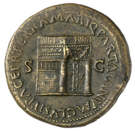 Roman Imperial Era. Nero (54-68). Sestertius, Lugdunum, around 65. Bust of Nero with laurel wreath facing right. Rev. Temple of Janus with closed gates, and around it the inscription (in translation) 'Peace on land and at sea. He closed the door of Janus.' © MoneyMuseum, Zurich.