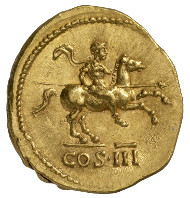 Roman Imperial Era. Hadrian (117-138). Aureus, 128. Head of Hadrian with laurel wreath facing right, delicate draping on his left shoulder. Rev. the Emperor as commander atop his rearing horse, riding to the right. © MoneyMuseum, Zurich.
