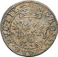 No. 8008: Stephen Báthory. Lithuanian groschen, 1580, Vilnius. Kopicki 3354 (R7). Hutten-Czapski 655var. Nice toning. Almost very fine.
180 / 9.200 Euros