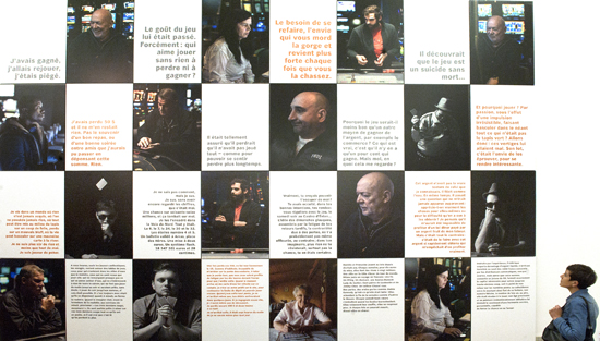 This poster shows 16 portraits (taken in the casino of Neuchâtel by Benjamin Visinand, a local artist and student of photography in Berlin) and 16 texts from literature.