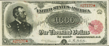 17127: Fr. 379b $1000 1890 Treasury Note PCGS Extremely Fine 40. Realized: $3,290,000.