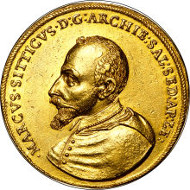 30010: Salzburg. Markus Sittikus Graf von Hohenems gold 14 Ducats 1612, KM-unlisted, Fr-700 (listed only as Rare). Sold for $211,500.