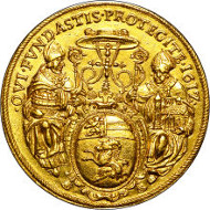 30010: Salzburg. Markus Sittikus Graf von Hohenems gold 14 Ducats 1612, KM-unlisted, Fr-700 (listed only as Rare). Sold for $211,500.