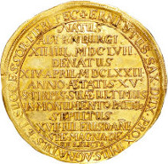30092: Saxe-Altenburg. Duke Friedrich Wilhelm III gold 10 Ducats 1672, KM-unlisted, Fr-2913, AU58 NGC. Sold for: $105,750.