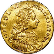 30237: Peter II gold Ducat 1729, Red mint, Bitkin 7 (no hair ribbon, 5 scallops) (R2), Diakov 6, IT 6 (50 Rub), Petr 1 (R-50), AU50 NGC. Sold for $205,625.