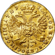 30237: Peter II gold Ducat 1729, Red mint, Bitkin 7 (no hair ribbon, 5 scallops) (R2), Diakov 6, IT 6 (50 Rub), Petr 1 (R-50), AU50 NGC. Sold for $205,625.