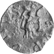 The coin is easily misread as having the obverse inscription EGOMANIAC! Arent Pol provided the correct description: 'the extraordinary tremissis, with legend PECOMANIACO (an unidentified location), when positioned correctly shows a moneyer at work on the reverse (and possibly a hand held die on the obverse as well); the design may be a pun to the name of the place (