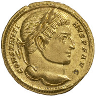 Roman Imperial Times. Constantine I (307-337). Solidus, Trier, 314. Laureate head of Constantine r. Rev. Constantine, standing right, clad in military garments; to his left goddess Roma is sitting, with helmet, shield and spear; the two of them are holding the globe. © MoneyMuseum, Zurich.