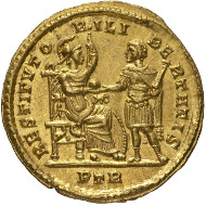 Roman Imperial Times. Constantine I (307-337). Solidus, Trier, 314. Laureate head of Constantine r. Rev. Constantine, standing right, clad in military garments; to his left goddess Roma is sitting, with helmet, shield and spear; the two of them are holding the globe. © MoneyMuseum, Zurich.