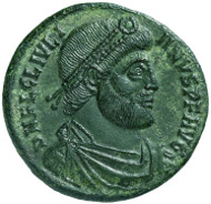 Roman Imperial Times. Julian II, nicknamed Apostate (Lat. he who has abandoned religion), (360-363). Bronze coin, Sirmium, 361. Pearl-diademed, draped and cuirassed bust of Julian r. Rev. Bull standing r., two stars above. © MoneyMuseum, Zurich.