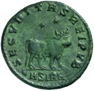 Roman Imperial Times. Julian II, nicknamed Apostate (Lat. he who has abandoned religion), (360-363). Bronze coin, Sirmium, 361. Pearl-diademed, draped and cuirassed bust of Julian r. Rev. Bull standing r., two stars above. © MoneyMuseum, Zurich.