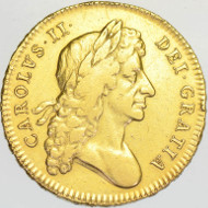 CHARLES II, 1678/7, 5 GUINEAS 8 OVER 7, SECOND BUST.