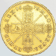 CHARLES II, 1678/7, 5 GUINEAS 8 OVER 7, SECOND BUST.