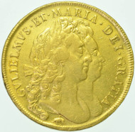 WILLIAM AND MARY FIVE GUINEAS, 1692, ELEPHANT AND CASTLE BELOW BUST.