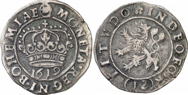 The estates of Bohemia and Moravia, 1619-1620. 12 kreuzer 1619. Kuttenberg Mint. Crown of St. Wenceslas. / Bohemian lion l. Herinek 18. From auction sale Gorny & Mosch 161 (2007), 5116.
