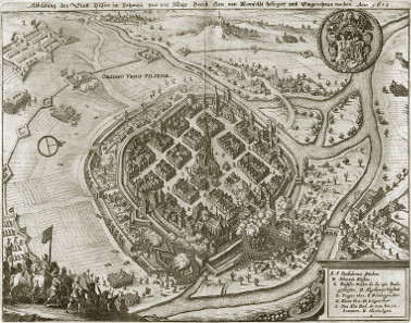 Matthäus Merian, seizure of the city of Pilsen by an army of the estates commanded by Mansfeld on 21 November 1618, prior to 1635. Source: Wikicommons.