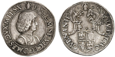 Milan. Giovanni Galeazzo Maria Sforza (1476-1494). Testone. Armour-clad bust of Giovanni to the right, above, on an escutcheon, frontal view of bust of Saint Ambrose. Rv. Milan coat of arms, above, two crested helmets, below, the inscription