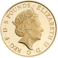 United Kingdom / 2015 / £5 / 22 Carat Gold / 38.61mm / 39.94g / Reverse Designer: John Bergdahl / Obverse Designer: Jody Clark / Mintage: 500.