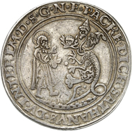 Lot 420: POPKEN COLLECTION. Magdeburg. Thick double thaler n. d. (1549) on the Augsburg Interim. Probably unique specimen. Very fine. Estimate: 4,000,- euros. Hammer price: 11,000,- euros.