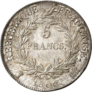 Nr. 1730: FRANCE. Napoleon I, 1804-1814, 1815. 5 francs 1806, BB, Strasbourg. Very rare. First strike, nearly FDC. Estimate: 3,000,- euros. Hammer price: 26,000,- euros.