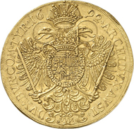 Lot 3454: HOLY ROMAN EMPIRE. Leopold I, 1657-1705. 10 ducats 1692, Vienna. Probably 3rd known specimen. Extremely fine. Estimate: 50,000,- euros. Hammer price: 130,000.- euros.