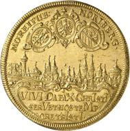 Lot 3765: GERMAN STATES / NUREMBERG. 6 ducats 1631 with title of Ferdinand II. Very rare. Nearly FDC. Estimate: 60,000,- euros. Hammer price: 80,000,- euros.
