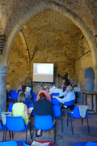 The ICOMON Round Table was held in a medieval keep. With the temperature rising inside, the numismatists changed location and moved to the garden. Photograph: UK.