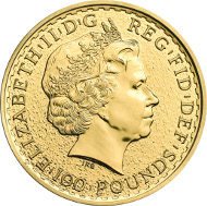 UK / 100 Pounds / Gold .9999 / 31.21 g / 32.69 mm / Design: Ian Rank-Broadley FRBS (observe) and Philip Nathan (reverse).