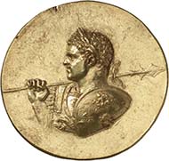 Caracalla, Gold medallion from Abukir, 1st half of the 3rd cent. A. D. Gold, 65.12 g, 48 mm, 1 h. Berlin Coin Cabinet, from the Abukir find, Berlin Coin Cabinet object no. 18200021.
