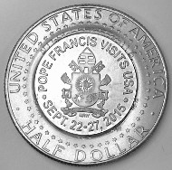 Brilliant Uncirculated 2015 Kennedy half dollar, counterstamped with the Coat of Arms of Pope Francis by Mel Wacks.