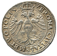 Minted in Verona, this testone with the portrait of Maximilian I has a value of 20 kreuzer. Rizzolli-Pigozzo fig. 128.