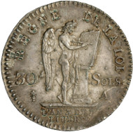 Louis XVI, King of France (1774-1792). 30 sols (1/4 écu constitutionnel) 1791. Head of Louis to the left. R. Winged, upright genius to the right, inscribing a table with the word