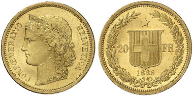 Swiss Confederation. 20 francs, 1883, Bern. Personified Helvetia with diadem and Alpine rose wreath facing left. R. Swiss coat of arms in a laurel and oak wreath. © MoneyMuseum, Zurich.