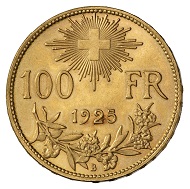 Swiss Confederacy. 100 francs 1925, Bern. Bust of a woman in traditional rural garb facing left, against a mountainous landscape. R. Swiss cross surrounded by aureola above nominal value and year of issue, below Alpine rose branch. © MoneyMuseum, Zurich.