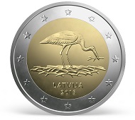 Latvia / 2 Euros / Cupro-Nickel, Nickel, Brass / 8.50 g / 25.75 mm / Design: Luc Luycx (common side) and by Olga Silova (national side) / Mintage: 1 Million.
