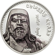Chinggis Khaan, the 2014 issue to the left and the 2016 coin to the right.