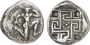 Daidalos was believed to be one of the builders of the famous labyrinth of Cnossos, in which the Minotaur lived. The two heroes can be seen on this coin from Gortyn. - Gortyn. Stater, about 425-360. From Gorny & Mosch Auction 224 (2014), 816.