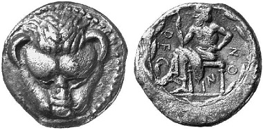 Rhegion (Bruttium). Drachm, 460-450. Frontal lion's head. Iocastes with bare chest sitting l. Ex Künker Auction 71 (2002), 65.