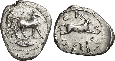 Rhegion (Bruttium). Tetradrachm, 480-461. Mule-drawn biga r. Rv. hare r. Ex Gorny & Mosch Auction 224 (2014), 62.