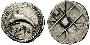 Dankle. Drachm, around 510. Dolphin l., swimming into the sickle-shaped port of Dankle. Rv. quadratum incusum. Ex Münzen und Medaillen GmbH Auction 36 (2012) 92.