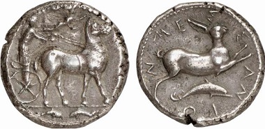 Messana. Tetradrachm, 420-413. Mule-drawn biga, driven by the nymph Messana; Nike crowning the animals. Ex Künker Auction 136 (2008), 463.