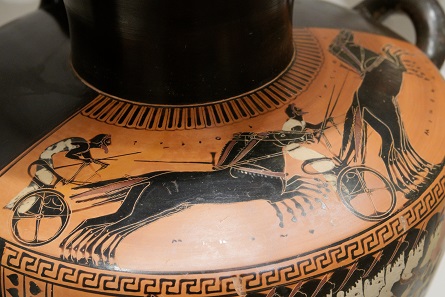 The chariot races in Olympia were famous and constituted a popular subject, as evidenced by this hydria dating from around 510 BC. Photograph: Marie-Lan Nguyen / https://creativecommons.org/licenses/by/2.5/deed.de