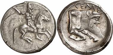 Struck in slightly later times, the rider on this didrachm reflects the ideal image of the aristocrats of Gela, most of all the tyrants. Gela, didrachm, ca. 497/485-480/475 BC. Ex Gorny & Mosch Auction 169 (2008), 16.