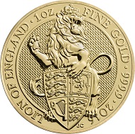 The Lion One Ounce Fine Gold Bullion Coin: Great Britain / GBP 100 / 999.9 gold / 31.12g / 32.69mm / Design: Jody Clark.)