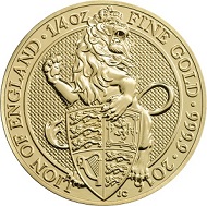 The Lion Quarter-Ounce Fine Gold Bullion Coin: Great Britain / GBP 25 / 999.9 gold / 7.80g / 22.00mm / Design: Jody Clark.